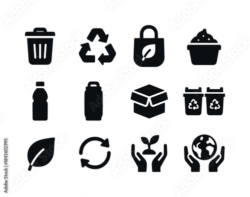 Waste Reduction Icons. Waste reduction. Solid icon set of waste
