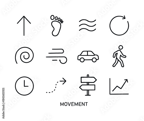 Movement Icon Set. Movement. Line icon set of movement: arrow, f