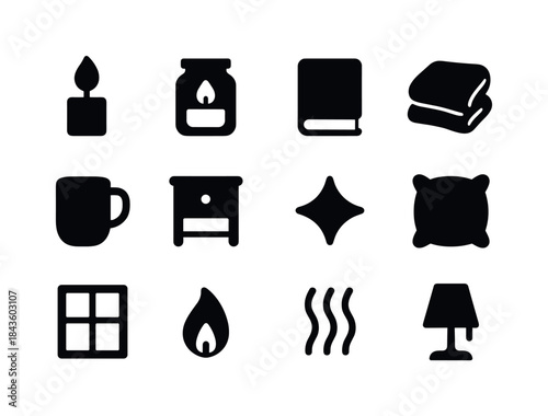 Cozy Candle Icons. Cozy candle ambiance. Solid icon set of cozy