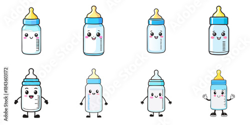 Multiple vector illustrations of cute-faced baby bottles