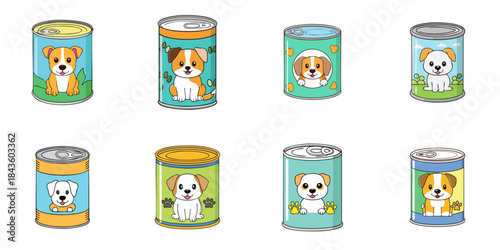 Multiple vector illustrations of cute dog food cans