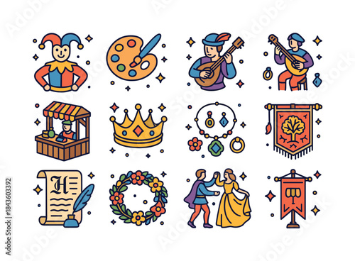 Renaissance Fair Icons. Renaissance fair. Colorful isometric vec