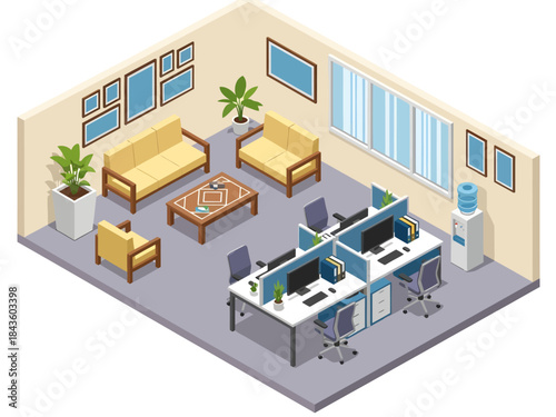 This isometric office scene features a welcoming lounge with yellow seating and a functional workspace with modern cubicles, all brightened by large windows and touches of indoor greenery