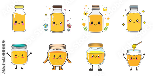 Multiple vector illustrations of cute-faced honey pots