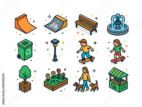 Vibrant Park Icons. Green City Park. Colorful isometric vector i