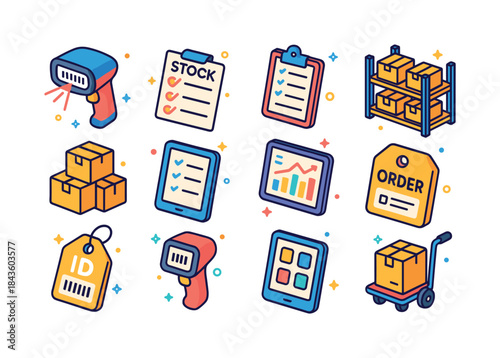 Colorful Inventory Icons Set. Inventory management. Colorful iso