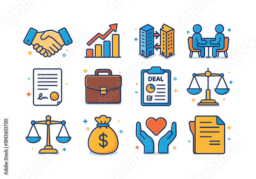 Mergers Icon Set. Mergers and Acquisitions. Colorful isometric v