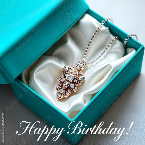 AI Luxury Gift. Luxurious turquoise velvet gift box with white satin interior and sparkling diamond gemstone necklace, elegant festive birthday atmosphere with Happy Birthday