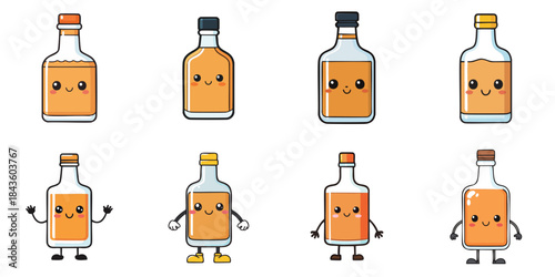 Multiple cute-faced whisky bottles vector illustrations