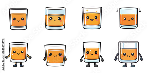 Multiple cute-faced glasses of whisky vector illustrations