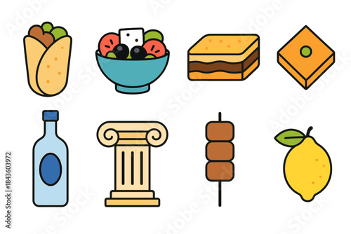 Greek cuisine icons: wraps, salad, sweets, bottle, column, skewer, lemon