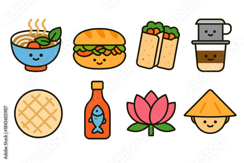 Cute doodle icons of vietnamese food and culture