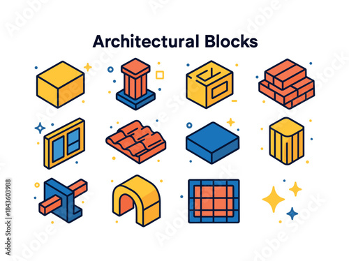 Colorful Architectural Icons. Architectural Blocks. Colorful iso