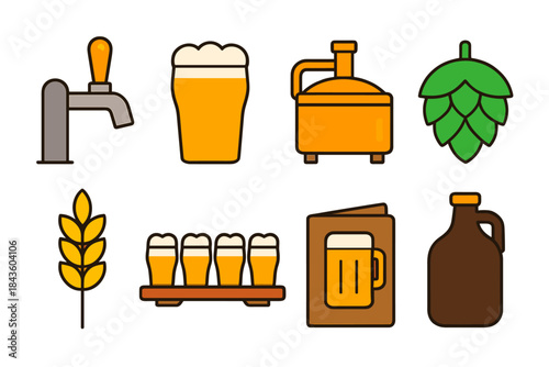 Craft beer icons: tap, pint, brewery, hops, wheat, beer flight, glass, growler