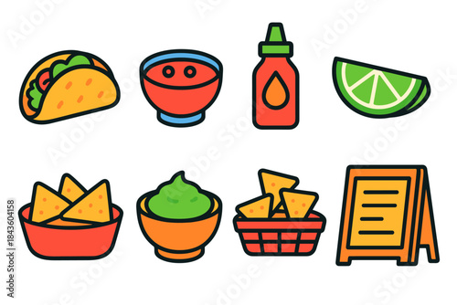 Colorful mexican food icons featuring taco, salsa, hot sauce, lime, nachos, guacamole, chips, and menu board