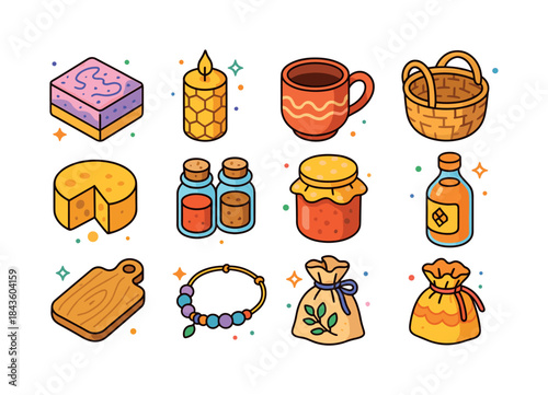 Colorful Artisanal Icons. Artisanal Goods. Colorful isometric ve