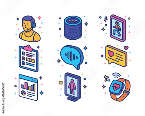 AI Fitness Icons. AI fitness assistant. Colorful isometric vecto