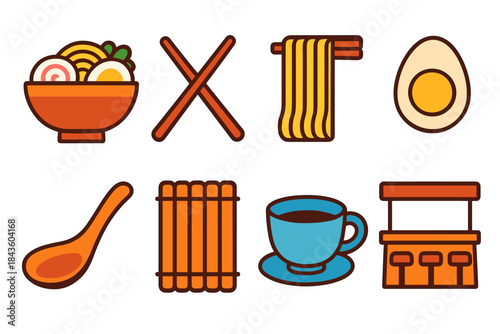 Colorful icons of ramen, egg, noodles, chopsticks, spoon, tea, and bamboo sushi mat