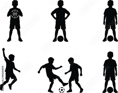 Children sports silhouettes, kids playing, soccer icon, basketball design, teamwork illustration, physical activity, black silhouette, vector art, fun
