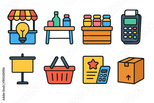Market and retail icons: storefront, bottles, jars, payment, shopping, packaging