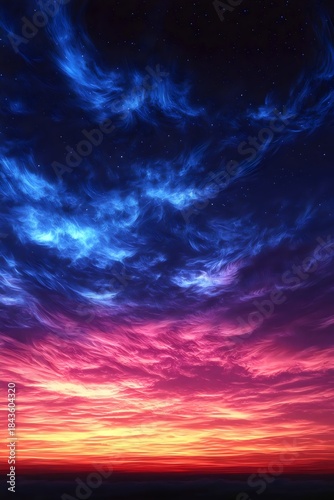 A breathtaking sunset displays vibrant shades of blue and pink, with swirling clouds creating a dramatic sky filled with stars.