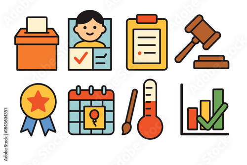 Election symbols: ballot box, candidate, checklist, gavel, medal, calendar, thermometer, chart
