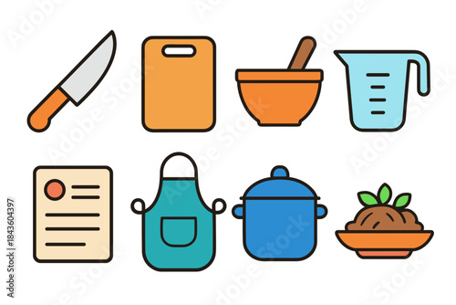 Colorful kitchen icons: knife, cutting board, mortar, measuring cup, recipe, apron, pot, dish