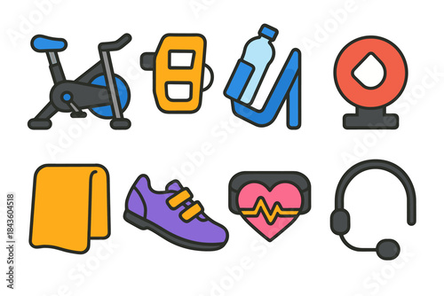 Fitness icons set: exercise bike, bottle, towel, shoe, heart rate, headset