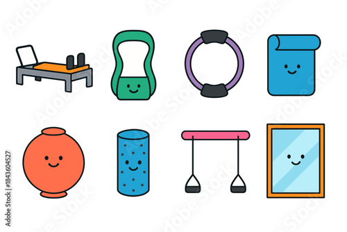 Cute fitness equipment icons with faces: pilates reformer, kettlebell, yoga mat, gym rings