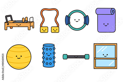 Cute exercise equipment icons with smiley faces for fitness and home workouts