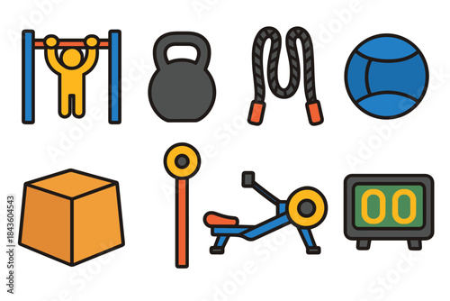 Colorful fitness icons featuring equipment and exercise gear