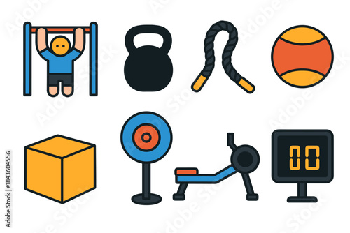 Colorful gym equipment icons: weights, ropes, ball, and more