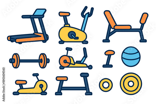 Workout equipment set: treadmill, exercise bike, dumbbells, and bench