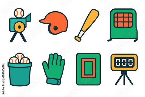 Baseball equipment icons set with helmet, bat, glove, and more