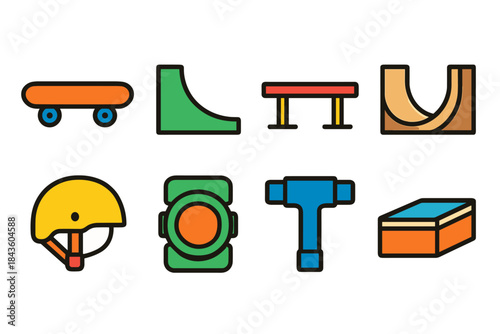 Colorful skateboarding equipment and ramps icons set