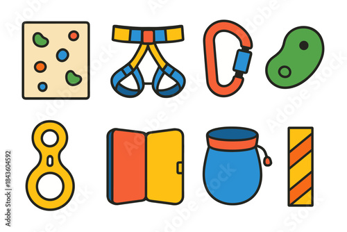 Colorful climbing gear icons: wall, harness, carabiner, holds, belay, chalk bag, tape