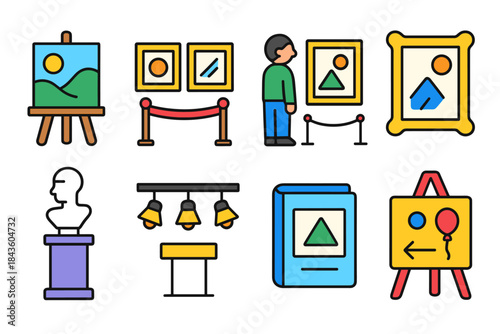 Art gallery icons with paintings, sculptures, and lighting elements
