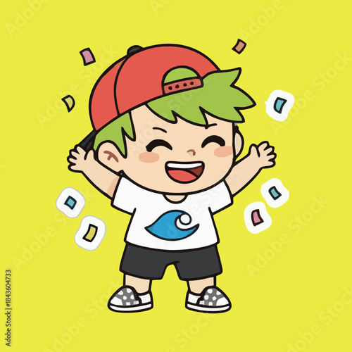 Happy Chibi Boy Celebrating — Green-Haired Kid with Backward Red Cap, Wave-Emblem Tee & Confetti on Bright Yellow Background (Digital Illustration)