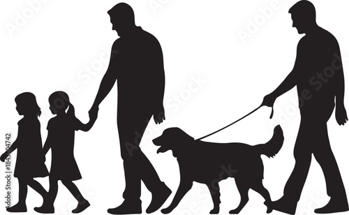 Happy Family Walking Together with Their Dog
Family Silhouette Stroll in the Park
Parents and Children Enjoying a Walk with Pet