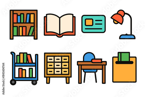 Library icons: bookshelf, open book, card, lamp, trolley, cabinet, desk, clipboard