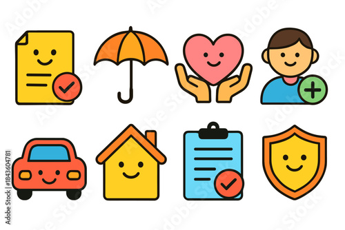 Colorful icons of insurance: health, home, auto, life, and safety