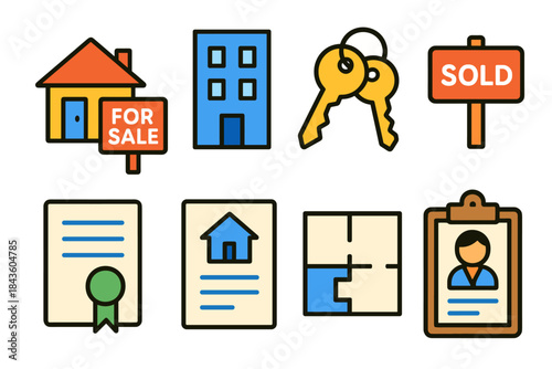 Real estate icons set with house keys documents and sold sign