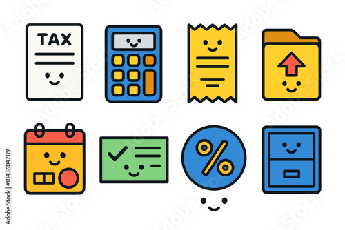 Colorful smiling finance icons: tax, calculator, receipt, file, calendar, check, percentage, cabinet