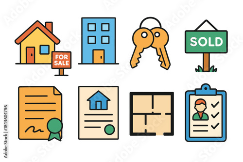 Real estate icons set featuring house, apartment, keys, sale sign, contract, certificate, floor plan