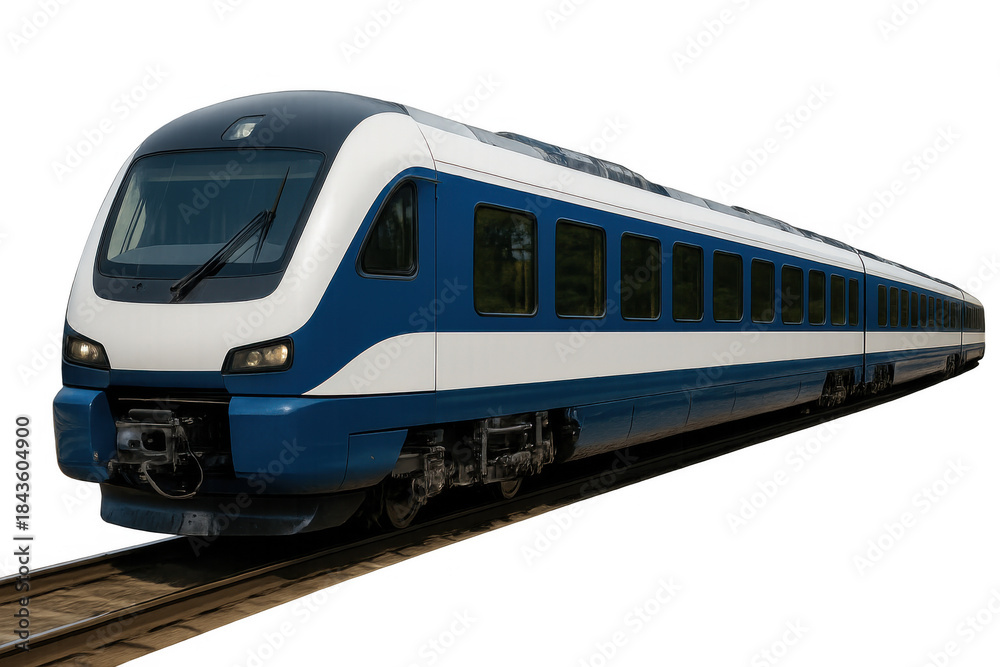 Naklejka premium Modern passenger commuter train on tracks traveling, moving fast, public transport concept, transparent background