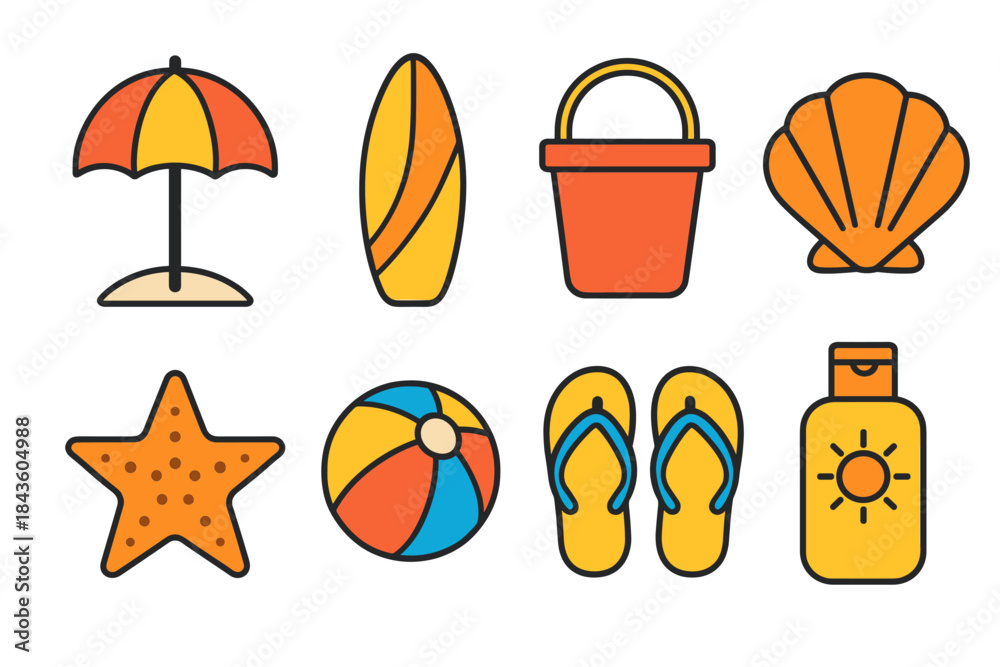Fototapeta premium Colorful beach icons: umbrella, surfboard, sand bucket, shell, starfish, ball, flip flops, sunscreen