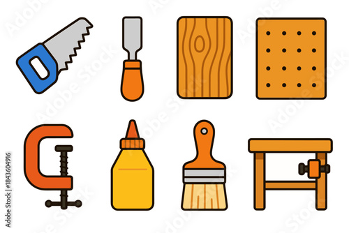 Carpentry tools: saw, chisel, wood, glue, clamp, brush, workbench set