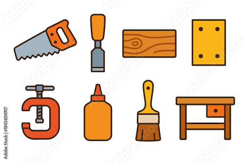 Woodworking tools icon set with saw, chisel, clamp, glue, brush, and workbench