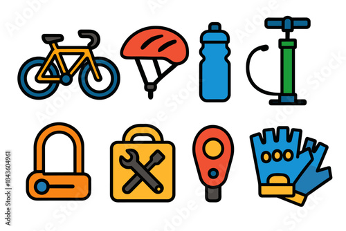 Colorful bicycle gear icons: helmet, pump, tools, lock, and accessories