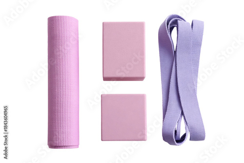 Yoga Essentials: A curated arrangement of yoga equipment, meticulously displayed, ready to elevate the practice and embrace holistic wellness, featuring mat, blocks, and resistance band.